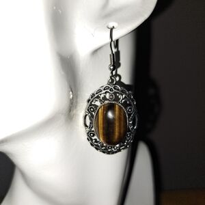 Semiprecious Yellow Tigereye Cabachon Earrings with Stainless Steel Ear Hooks